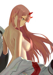  back bad_id bad_pixiv_id breasts closed_mouth commentary_request darling_in_the_franxx female floating_hair from_behind green_eyes hair_censor highres horns jacket large_breasts long_hair ocarino off_shoulder pink_hair simple_background solo unworn_clothes unworn_jacket upper_body white_background white_jacket zero_two_(darling_in_the_franxx) 