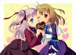  2girls ahoge belt blue_eyes blush bow brown_eyes brown_hair candy cheek-to-cheek chocolate choker coat dress english_text enoo food hair_ornament hair_ribbon heads_together heart heart-shaped_chocolate holding_hands interlocked_fingers jewelry long_hair mouth_hold multiple_girls one_eye_closed one_side_up open_mouth ponytail raquel_applegate ribbon shared_food short_hair smile valentine wild_arms wild_arms_4 yellow_background yulie_ahtreide 