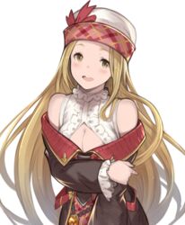  bad_id bad_pixiv_id bare_shoulders blonde_hair blush bow breasts brown_eyes cleavage crossed_arms diola_(granblue_fantasy) female granblue_fantasy hanarito hat hat_bow highres long_hair looking_at_viewer medium_breasts open_mouth solo transparent_background yellow_eyes 