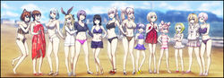  1boy 6+girls animal_ears aqua_eyes barefoot beach bikini black_border black_bow black_hair blonde_hair blue_eyes blue_hair blue_sky border bow braid breasts brown_hair cat_ears chromatic_aberration cleavage commentary crop_top crossdressing day elu_(nijisanji) enoshima flat_chest french_braid fumino_tamaki green_eyes green_hair grey_hair hairbow highres higuchi_kaede holding_another&#039;s_arm hood hoodie ienaga_mugi large_breasts light_blue_hair long_hair looking_at_another looking_at_viewer moira_(nijisanji) mole mole_under_mouth mononobe_alice morinaka_kazaki multiple_girls navel nijisanji open_mouth orange_eyes otoko_no_ko outdoors photoshop_(medium) pink_eyes pink_hair ponytail purple_eyes purple_hair raichi_(litchixlitchi) red_eyes sandals shizuka_rin short_hair sky smile suzuka_utako suzuya_aki swimsuit tankini tsukino_mito twintails ushimi_ichigo virtual_youtuber yellow_eyes yuuhi_riri yuuki_chihiro 