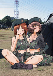  2girls ;p akanbe akiyama_yukari ammunition arm_support bandaid belt beret black_gloves black_hat boots bra breasts brown_eyes brown_hair camouflage camouflage_pants camouflage_shorts camouflage_tank_top canteen cleavage closed_eyes collar_tug collarbone combat_boots commentary_request crop_top day dog_tags emblem eyelid_pull full_body girls_und_panzer gloves ground_vehicle hat hot indian_style load_bearing_equipment looking_at_viewer medium_breasts messy_hair military military_hat military_vehicle multiple_girls nakamura_3sou name_tag navel nishizumi_miho one_eye_closed outdoors panties pants panty_peek photo_background pink_bra short_hair shorts sitting sweat tactical_clothes tank_top tongue tongue_out underwear white_panties 