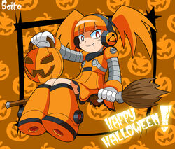  alternate_color broom broom_riding call_(mighty_no._9) call_d commentary_request female halloween happy_halloween headphones jack-o&#039;-lantern mighty_no._9 oerba_yun_fang orange_hair red_eyes robot shoutaro_saito sidesaddle smile twintails 