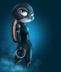  2016 abstract_background anthro blue_eyes bodysuit clothed clothing cosplay crossover disney female glowing hi_res holding_object identity_disc judy_hopps lagomorph leporid long_ears mammal quorra rabbit simple_background skinsuit solo sprinkah tight_clothing tron tron:_legacy zootopia 