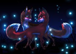  2016 abby_(rukifox) blush canid canine duo female feral fluffy fluffy_tail fox fur glowworm grass green_eyes male mammal night outside plant rick_(rukifox) romantic romantic_ambiance rukifox standing tail 