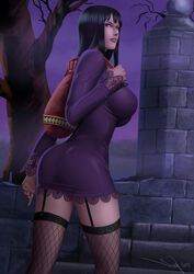  2013 ass black_hair breasts commentary dress english_commentary female fishnet_thighhighs fishnets garter_straps graveyard iury_padilha lace large_breasts long_hair nico_robin official_alternate_costume one_piece photoshop_(medium) short_dress signature solo thighhighs thriller_bark zettai_ryouiki 