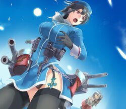  2girls aircraft airplane binoculars black_eyes black_hair breasts chains commentary_request detached_sleeves from_below garter_straps gloves hat iwaya kantai_collection large_breasts machinery md5_mismatch medium_hair multiple_girls nagara_(kancolle) open_mouth panties pantyshot photoshop_(medium) red_eyes resolution_mismatch source_smaller takao_(kancolle) thighhighs turret underwear 