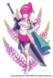  armor armored_boots armored_dress black_legwear boots braid commentary_request female floral_background flower flower_knight_girl full_body gauntlets greatsword green_eyes grey_footwear grin hair_bun hand_on_own_hip holding holding_weapon huge_weapon legs_together looking_at_viewer lupinus_(flower) lupinus_(flower_knight_girl) miniskirt name_connection object_namesake official_art pantyhose photoshop_(medium) pleated_skirt red_hair red_skirt short_hair single_hair_bun skirt smile solo standing sugimeno sword tachi-e thigh_boots thighhighs weapon 