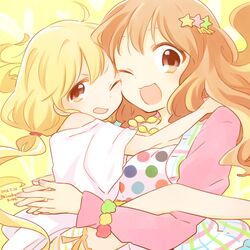  2girls :d blonde_hair brown_hair commentary_request dated dress futaba_anzu hair_ornament hug idolmaster idolmaster_cinderella_girls kinokosuke long_hair low_ponytail lowres moroboshi_kirari multiple_girls one_eye_closed open_mouth smile star_(symbol) star_hair_ornament twitter_username 