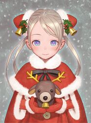  bell blonde_hair blue_eyes capelet christmas commentary cop_craft:_dragnet_mirage_reloaded doll female gloves holly long_hair looking_at_viewer murata_range pointy_ears reindeer santa_costume smile snow stuffed_animal stuffed_reindeer stuffed_toy tilarna_exedilika twintails 