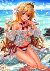  ahoge beach bead_bracelet beads bikini blonde_hair bracelet breasts commentary_request criss-cross_halter day fate/grand_order fate_(series) female hair_between_eyes hair_down hair_intakes halterneck highres jewelry large_breasts long_hair looking_at_viewer navel nero_claudius_(fate) nero_claudius_(swimsuit_caster)_(fate) nero_claudius_(swimsuit_caster)_(third_ascension)_(fate) npcpepper ocean outdoors red_bikini see-through side-tie_bikini_bottom sitting smile solo striped_bikini striped_clothes swimsuit thighs tongue tongue_out 