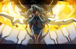  ahoge bad_id bad_pixiv_id blazblue bodysuit cape crotch_plate eyepatch female grey_hair huge_weapon jerun nu-13 red_eyes weapon yandere yandere_trance 