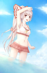  :d arm_up bad_id bad_pixiv_id bikini bikini_skirt blush bow breasts cleavage female fujiwara_no_mokou grey_hair hair_ribbon hairbow highres long_hair medium_breasts midriff mizuki_miyu open_mouth outdoors ponytail red_eyes ribbon smile solo standing swimsuit touhou tress_ribbon wading water 