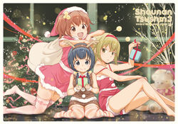  3girls :d aiura amaya_kanaka animal_costume antlers arm_rest bare_legs barefoot border box branch christmas christmas_lights cover cover_page doujin_cover elbow_rest fake_antlers gift gift_box hairband hat highres holding holding_gift horns hosoi_mieko indoors iwasawa_saki kneeling leaning_on_person light_particles lights looking_at_viewer multiple_girls night on_floor on_head open_mouth photoshop_(medium) reflection reindeer_antlers reindeer_costume sack santa_costume santa_hat sitting smile stuffed_animal stuffed_toy teddy_bear thighhighs uehara_ayuko wariza window 