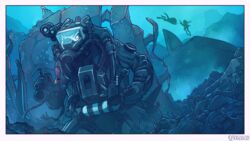  2018 anthro blue_theme clothing cool_colors darbaras detailed_background digital_media_(artwork) discardingsabot diver_(disambiguation) equipment fin fish flag flashlight furgonomics gear gun hoses male marine mask ranged_weapon rangefinder rebreather rifle rock sabot_sauer scalie scuba seabed shark solo submarine tube underwater vehicle water watercraft weapon wetsuit wreckage 