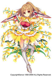  armor armored_boots boots bow brown_hair commentary_request dagger dual_wielding female floral_background floral_dress flower flower_knight_girl full_body gloves high_ponytail holding holding_dagger holding_knife holding_weapon knee_boots knife looking_at_viewer name_connection object_namesake official_art oncidium oncidium_(flower_knight_girl) orange_eyes orchid photoshop_(medium) ponytail short_hair skirt smile solo standing standing_on_one_leg sugimeno tachi-e weapon white_background white_bow wide_ponytail yellow_skirt 