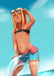  absurdres bad_id blonde_hair borrowed_character breasts female highres john_doe_(jdart) kaoru_(deeezel) long_hair original red_eyes shorts small_breasts solo sunglasses tan tanlines 