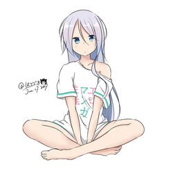  adrenaline!!! artist_name bad_id bad_pixiv_id barefoot between_legs blue_eyes blush closed_mouth clothes_writing commentary_request copyright_name cosplay dated eromanga_sensei female grey_hair hair_between_eyes hand_between_legs hatsuzuki_527 indian_style izumi_sagiri izumi_sagiri_(cosplay) kantai_collection long_hair looking_at_viewer off_shoulder photoshop_(medium) shirt short_sleeves signature simple_background sitting solo umikaze_(kancolle) white_background white_shirt 