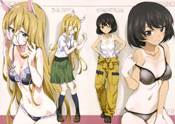  2girls ;) absurdres accessory_tan adjusting_eyewear animal_ears black_bra black_panties black_socks blonde_hair bra breasts breasts_apart brown_eyes cleavage clenched_hands clothes_around_waist coke-bottle_glasses collarbone dark-skinned_female dark_skin fake_animal_ears girls_und_panzer glasses green_skirt hair_between_eyes highres hoshino_(girls_und_panzer) kneehighs kurashima_tomoyasu loafers long_hair looking_at_viewer medium_breasts multiple_girls multiple_views navel nekonyaa_(girls_und_panzer) one-piece_tan one_eye_closed ooarai_school_uniform open_mouth panties pants pleated_skirt rabbit_ears school_uniform serafuku shirt shirt_around_waist shoes short_sleeves skirt sleeveless sleeveless_shirt smile socks strap_pull tan tanlines tsurime underwear underwear_only very_long_hair white_shirt yellow_pants 