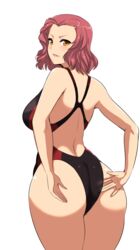  &gt;:) ass bare_arms bare_shoulders breasts brown_eyes commentary_request competition_swimsuit cowboy_shot female from_behind girls_und_panzer hifumi_hajime large_breasts looking_at_viewer looking_back one-piece_swimsuit parted_lips racerback red_hair rosehip_(girls_und_panzer) short_hair smile solo swimsuit v-shaped_eyebrows 