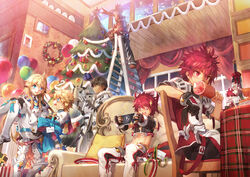  6+boys armor balloon bandages bell black_hair blade_master_(elsword) blonde_hair blue_eyes blush boned_meat bottle candy candy_cane carrying character_doll christmas christmas_tree chung_seiker coat commentary_request couch deadly_chaser_(elsword) dual_persona eating elsword elsword_(character) fingerless_gloves food gift gloves happy highres iron_paladin_(elsword) ladder long_hair lord_knight_(elsword) male_focus meat messy_hair midriff multiple_boys pants photoshop_(medium) pillow princess_carry raven_cronwell reckless_fist_(elsword) red_eyes red_hair rune_slayer_(elsword) scorpion5050 single_glove smile spikes surprised video_game wine_bottle wreath yellow_eyes 