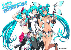  3girls aqua_eyes aqua_hair artist_name bandaid bandaid_on_face bandaid_on_nose bare_shoulders bikini blue_eyes blue_hair body_writing boots bridal_gauntlets collarbone commentary_request covered_navel crop_top dark_skin dated double_bun elbow_gloves eyewear_on_head fingerless_gloves glasses gloves goodsmile_company goodsmile_racing grin hair_bun hatsune_miku heart_hair_bun high_heels holding_hands long_hair looking_at_viewer mechanical_wings multiple_girls multiple_persona nail_polish navel necktie no_socks one-piece_swimsuit open_mouth photoshop_(medium) race_queen racing_miku racing_miku_(2013) racing_miku_(2013_sepang_ver.) saitou_masatsugu salute simple_background smile stomach sun_tattoo sunglasses swimsuit tan tattoo thigh_boots thigh_gap thighhighs transparent_wings twintails v very_long_hair vocaloid white_background white_bikini white_one-piece_swimsuit wings 