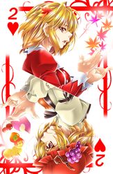  2girls aki_minoriko aki_shizuha autumn_leaves blonde_hair card card_(medium) chestnut commentary_request food fruit grapes hair_ornament hat heart highres looking_at_viewer multiple_girls nashi_pear pear persimmon playing_card profile rotational_symmetry short_hair siblings sisters smile sweet_potato touhou yoiti 