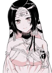  alternate_costume alternate_hairstyle bare_shoulders black_hair breasts bride chii_(sbshop) cleavage closed_mouth commentary_request cross detached_sleeves dot_nose dress earrings facial_tattoo female hair_ornament halterneck highres jewelry kirishima_touka large_breasts looking_at_viewer monochrome parted_bangs shiny short_hair simple_background smile solo tattoo tokyo_ghoul tokyo_ghoul:re upper_body wedding_dress white_background 