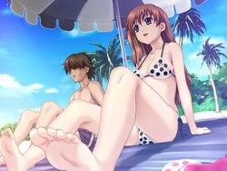  1boy amamiya_momona arm_support barefoot beach beach_umbrella bikini blue_eyes breasts brown_hair cleavage cloud day feet female foot_focus foreshortening game_cg hair_over_eyes happoubi_jin ichijo_daisuke long_hair medium_breasts open_mouth outdoors palm_tree polka_dot polka_dot_bikini polka_dot_swimsuit resort_boin short_hair side-by-side side-tie_bikini_bottom sideboob sitting sky soles strap_gap swimsuit toes tree umbrella underboob 