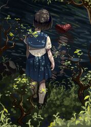  boot female female from_behind nature original outdoors school_uniform short_hair skirt solo tensen water 