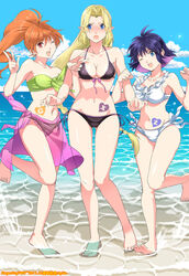  1997 2011 3girls :o ;d alternate_hairstyle amelia_wil_tesla_seyruun bandeau barefoot bikini black_bikini blonde_hair blue_eyes blush breasts cleavage cloud commentary day filia_ul_copt front-tie_top green_bikini happy heart highres lina_inverse long_hair lyxu medium_breasts multicolored_hair multiple_girls one_eye_closed open_mouth orange_hair photoshop_(medium) pink_hair pointy_ears ponytail purple_hair purple_sarong red_eyes sarong see-through see-through_sarong short_hair side-tie_bikini_bottom sky slayers slayers_try smile standing standing_on_one_leg swimsuit tattoo two-tone_hair v very_long_hair wading white_bikini 