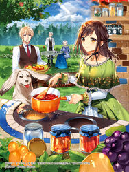  2boys 2girls :d animal apple aqua_eyes basket black_choker blonde_hair blue_dress blue_gloves blue_sky blush brick_wall brown_gloves brown_hair brown_pants canine capelet carrying chair character_request checkered_pants choker closed_mouth cloud cloudy_sky collarbone collared_shirt commentary_request cooking cup dappled_sunlight day dot_nose dress earrings fantasy food fruit fruit_request garden glasses gloves gold_trim grapes green_capelet green_dress grey_hair half_updo hands_up holding holding_basket holding_saucepan holding_spatula jam jar jewelry juliet_sleeves lace lace-trimmed_dress lace_trim layered_dress light_rays light_smile long_dress long_hair long_sleeves looking_at_another looking_at_viewer mixing mori_no_hotori_de_jam_wo_niru multiple_boys multiple_girls murakami_yuichi necktie official_art old old_man old_woman on_chair open_mouth orange_eyes outdoors pants pendant pendant_choker plant_request puffy_sleeves raised_eyebrows red_necktie saucepan scenery shirt sitting sky sleeve_cuffs smile spatula standing stove sunbeam sunlight swept_bangs table teacup teapot tree waistcoat wing_collar 