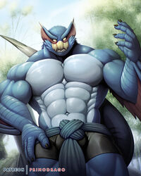  2018 4:5 5_fingers anthro blue_body bulge capcom clothed clothing fingers flying_wyvern front_view hand_on_hip hi_res looking_at_viewer male monster_hunter muscular muscular_anthro muscular_male nargacuga navel outside primodrago solo standing topless 