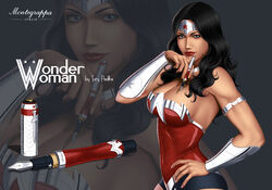  ad armlet bare_shoulders black_hair blue_eyes bracelet breasts choker commentary dc_comics earrings english_commentary female forehead_protector iury_padilha jewelry large_breasts long_hair nib_pen_(object) pen photoshop_(medium) smile solo superhero_costume tiara wonder_woman wonder_woman_(series) zoom_layer 