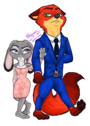  2016 absurd_res anthro canid canine clothing dipstick_ears disney dress duo ear_markings female fox hi_res judy_hopps lagomorph leporid male mammal multicolored_ears nick_wilde progressoftomorrow rabbit red_fox signature simple_background suit true_fox white_background zootopia 