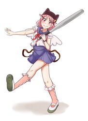  animal_hat backpack bag baseball baseball_bat beanie commentary_request female gakkou_gurashi! hair_ornament hairclip hat looking_at_viewer megurigaoka_high_school_uniform nonbi pink_hair school_uniform short_hair smile solo takeya_yuki weapon winged_bag x_hair_ornament 