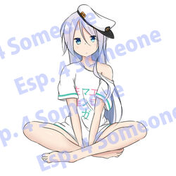  adrenaline!!! artist_name bad_id bad_pixiv_id barefoot between_legs blue_eyes blush closed_mouth clothes_writing copyright_name cosplay dated eromanga_sensei female flat_cap grey_hair hair_between_eyes hand_between_legs hat hatsuzuki_527 indian_style izumi_sagiri izumi_sagiri_(cosplay) kantai_collection long_hair looking_at_viewer off_shoulder photoshop_(medium) shirt short_sleeves signature simple_background sitting solo umikaze_(kancolle) white_background white_shirt 