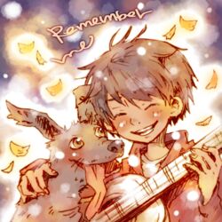  1boy acoustic_guitar animal black_hair canine closed_eyes coco_(disney) commentary_request dante_(coco) dark_skin facing_viewer guitar hood instrument male_focus miguel_rivera momomo_(athv7277) petals short_hair smile xoloitzcuintle 