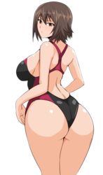  ass bikini blush breasts brown_eyes brown_hair commentary_request competition_swimsuit cowboy_shot female from_behind girls_und_panzer hifumi_hajime large_breasts looking_at_viewer looking_back nishizumi_maho one-piece_swimsuit racerback shiny_skin short_hair sideboob solo swimsuit 