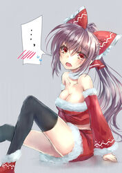  bad_id bad_pixiv_id bare_shoulders black_thighhighs bow breasts brown_eyes brown_hair collarbone detached_sleeves embarrassed female hair_tubes hairbow hakurei_reimu highres large_breasts ponytail red_bow santa_costume solo sweatdrop thighhighs touhou umeko_(koori_ume) 