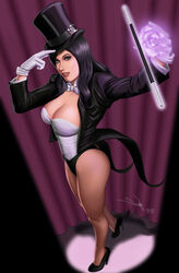  adjusting_clothes adjusting_headwear black_hair breasts coattails commentary dc_comics english_commentary female gloves glowing hat iury_padilha justice_league large_breasts long_hair magician photoshop_(medium) smile solo top_hat wand white_gloves zatanna_zatara 