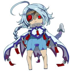  ahoge bad_id bad_pixiv_id blazblue bodysuit braid cape chibi crotch_plate eyepatch female full_body grey_hair jerun nu-13 red_eyes transparent_background 