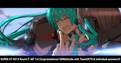  2013 aqua_hair closed_eyes coat commentary_request crown elbow_gloves female gloves goodsmile_company goodsmile_racing grin group_hug hatsune_miku headphones headset hug letterboxed long_hair multicolored_clothes multicolored_gloves necktie official_art open_mouth photoshop_(medium) race_queen racing_miku racing_miku_(2013) saitou_masatsugu smile tears twintails upper_body very_long_hair vocaloid 