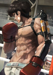  6+boys abs bandages black_hair boxing_gloves commentary_request exoskeleton eyepatch facial_hair gear_(megalo_box) highres indoors jhc_kai joe_(megalo_box) looking_to_the_side male_focus megalo_box middle_finger moustache multiple_boys muscular nanbu_gansatsu navel scar shorts sideburns 