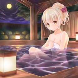  bath bathing blonde_hair blunt_bangs breasts cloud collarbone commentary_request female fence full_moon hair_ornament hair_scrunchie hair_up head_tilt holding holding_towel lamp looking_at_viewer loussier_ellerensia moon naked_towel night night_sky onsen outdoors partially_submerged photoshop_(medium) scrunchie shironeko_project sitting sky small_breasts smile solo stone_wall towel tree wall wooden_fence yellow_eyes yj_(yujay2837) 