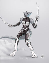  2013 anthro blue_body blue_scales clothed clothing dragon drayk_dagger english_text grey_background grey_body grey_scales horn kalnareff legwear male melee_weapon mythological_creature mythological_scalie mythology pose scales scalie simple_background solo spikes suit sword tail text weapon yellow_eyes 