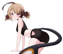  absurdres ahoge ass ausseh1 black_shorts blush breasts brown_hair dated gigi_murin highres hip_vent hololive hololive_english looking_at_viewer medium_hair midriff multicolored_hair pink_eyes shorts simple_background small_breasts tail two-tone_hair white_background 