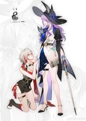  2girls absurdres apple arm_at_side artist_name asymmetrical_clothes asymmetrical_dress bare_arms bare_legs belt black_belt black_boots black_bra black_gloves black_hat black_shoes black_sleeves black_unitard blue_dress blue_eyes boots bow bra bra_peek bracelet breasts buttons cane center_opening chinese_commentary cleavage clenched_hand closed_mouth coat_dress colored_inner_hair commentary_request couple crescent crescent_hat_ornament double-breasted dress eye_contact femdom food fruit full_body gloves glowing grabbing_another&#039;s_chin grey_feathers hair_between_eyes hair_ornament hand_on_another&#039;s_chin hand_on_another&#039;s_hand hat hat_bow hat_feather hat_ornament high-low_dress high_heel_boots high_heels highres hip_vent holding holding_cane holding_weapon honkai:_star_rail honkai_(series) indoors jade_(honkai:_star_rail) jade_bracelet jewelry juliet_sleeves knee_boots kneeling knees large_hat legs legs_apart light_particles long_hair long_hair_between_eyes long_sleeves looking_at_another looking_down medium_breasts mie_xing mole mole_on_thigh monochrome_background multicolored_dress multicolored_hair multiple_girls o-ring o-ring_belt panty_straps parted_lips print_dress profile puffy_sleeves purple_eyes purple_hair red_ribbon red_streaks ribbon shoes short_dress short_hair side-tie_peek single_glove single_hair_streak skindentation sleeve_belt sleeve_slit sleeveless smile snake standing starry_sky_print strappy_heels streaked_hair tassel thigh_strap thighs tiptoes tongue tongue_out topaz_(honkai:_star_rail) two-sided_dress two-sided_fabric two-tone_dress two-tone_hair underwear unitard watermark weapon weibo_watermark white_background white_dress white_hair wide_sleeves wing_collar yuri zoom_layer 