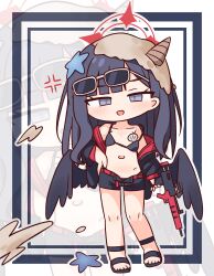  :d anger_vein assault_rifle bare_shoulders bikini bikini_under_clothes black_bikini black_hair black_jacket black_sandals black_shorts black_wings blue_archive blue_eyes blush bullpup chibi commentary_request em-2 empty_eyes eyewear_on_head feathered_wings female grey-framed_eyewear gun half-closed_eyes halo hana_kazari hand_on_own_hip highres holding holding_gun holding_weapon ichika_(blue_archive) ichika_(swimsuit)_(blue_archive) jacket long_hair long_sleeves low_wings navel off_shoulder open_clothes open_fly open_jacket open_shorts outline puffy_long_sleeves puffy_sleeves revision rifle sand sandals short_shorts shorts sleeves_past_wrists smile solo standing starfish sunglasses swimsuit very_long_hair weapon white_outline wings zoom_layer 