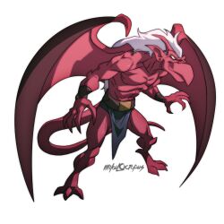  anthro belt bottomwear brooklyn_(gargoyles) clothed clothing disney ear_piercing empty_eyes gargoyle gargoyles hair horn humanoid_pointy_ears loincloth male membrane_(anatomy) membranous_wings mikeycomix piercing pointy_ears red_body scalie smile solo tail topless white_hair wings 