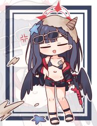  :d anger_vein assault_rifle bare_shoulders bikini bikini_under_clothes black_bikini black_hair black_jacket black_sandals black_shorts black_wings blue_archive blue_eyes blush bullpup chibi closed_eyes em-2 empty_eyes eyewear_on_head facing_viewer feathered_wings female grey-framed_eyewear gun half-closed_eyes halo hana_kazari hand_on_own_hip highres holding holding_gun holding_weapon ichika_(blue_archive) ichika_(swimsuit)_(blue_archive) jacket long_hair long_sleeves low_wings multiple_views navel off_shoulder open_clothes open_fly open_jacket open_shorts outline puffy_long_sleeves puffy_sleeves revision rifle sand sandals short_shorts shorts sleeves_past_wrists smile standing starfish sunglasses swimsuit very_long_hair weapon white_outline wings zoom_layer 